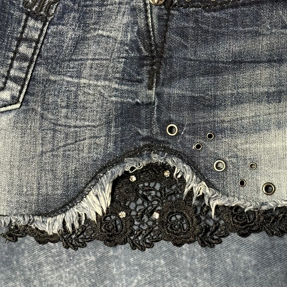 Miss Me Women's Blue Jean Denim Shorts with Black Lace and Bling 30 - Picture 14 of 15
